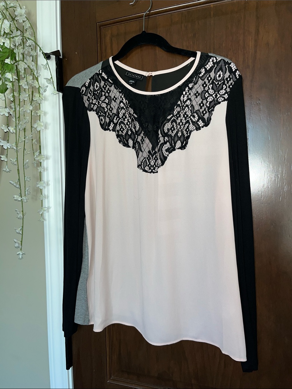 City Chic Black & Pink Lace Yoke Long Sleeve Top